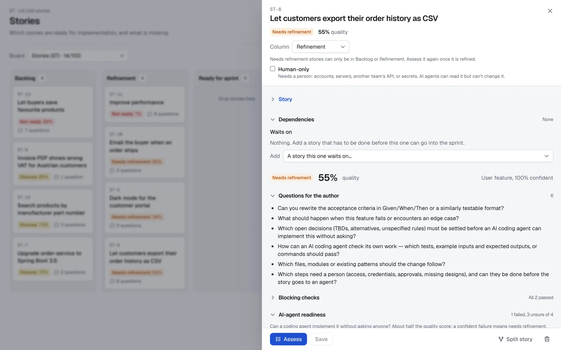 A story marked Needs refinement at 55% quality, with six questions for its author and the AI-agent readiness checks.