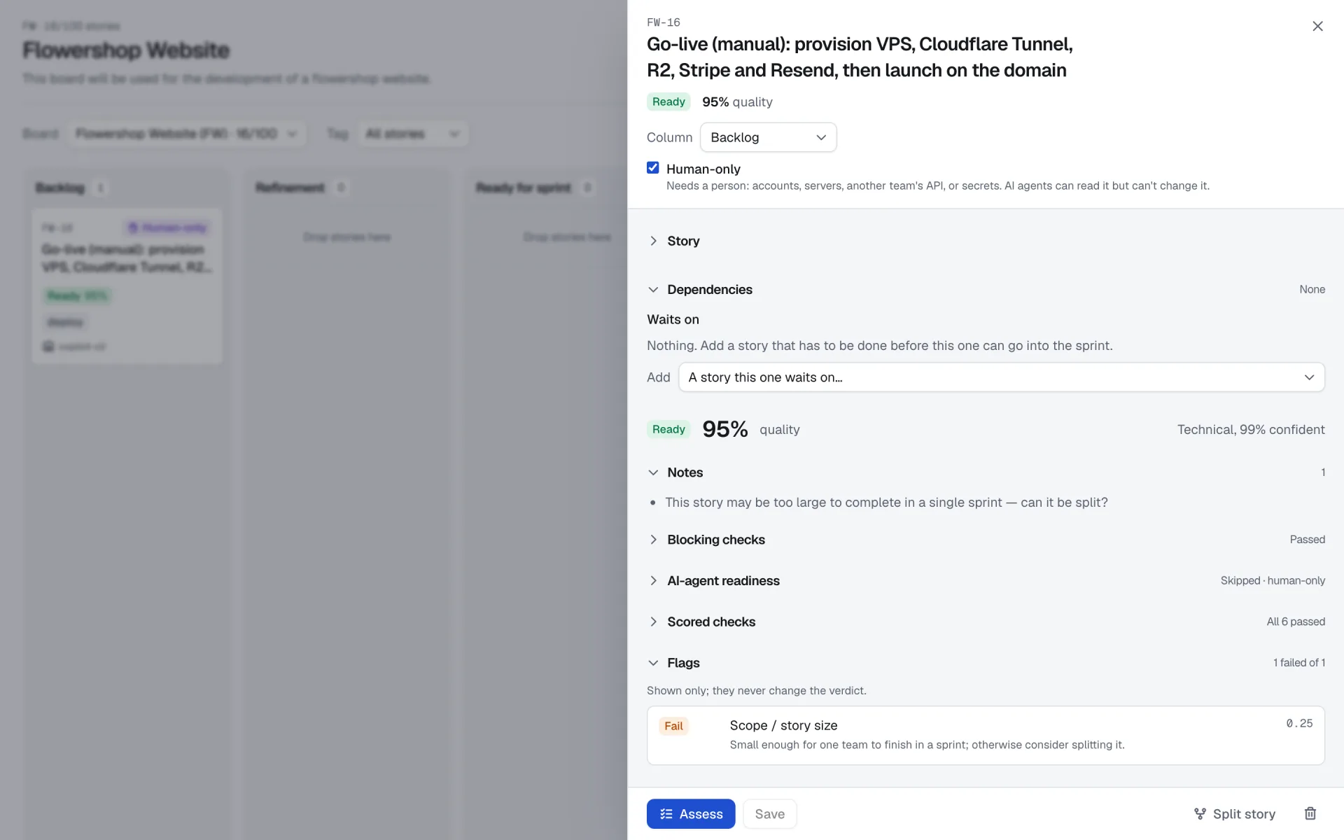 A human-only go-live story. The AI-agent readiness checks are marked Skipped, human-only.